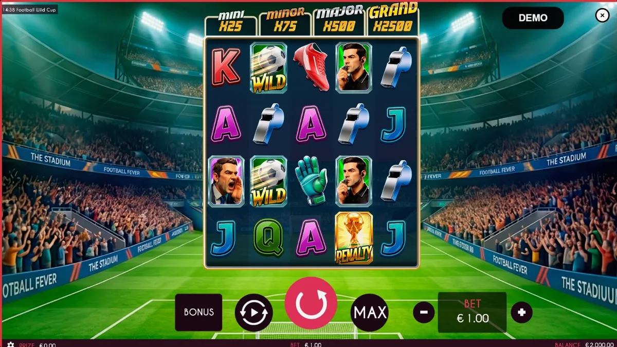 Football Wild Cup slot machine interface na may tema ng stadium
