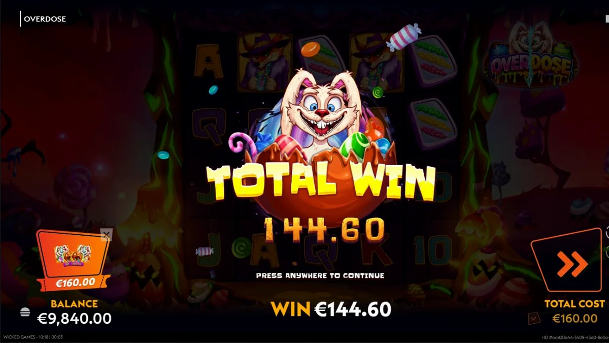 Ang madilim at makulay na interface ng Overdose slot game na may temang Easter fantasy.